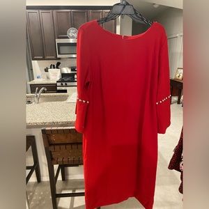 Red Calvin Klein dress with pearls on the bell sleeves. Size 18